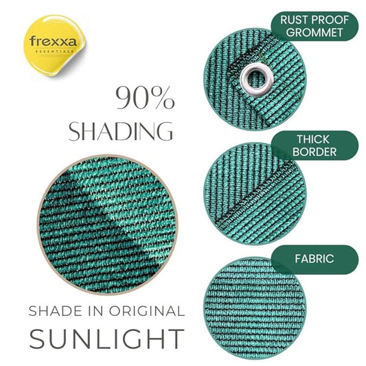 Teal fabric with features highlighted, including a rust-proof grommet, thick border, and 90% shading.