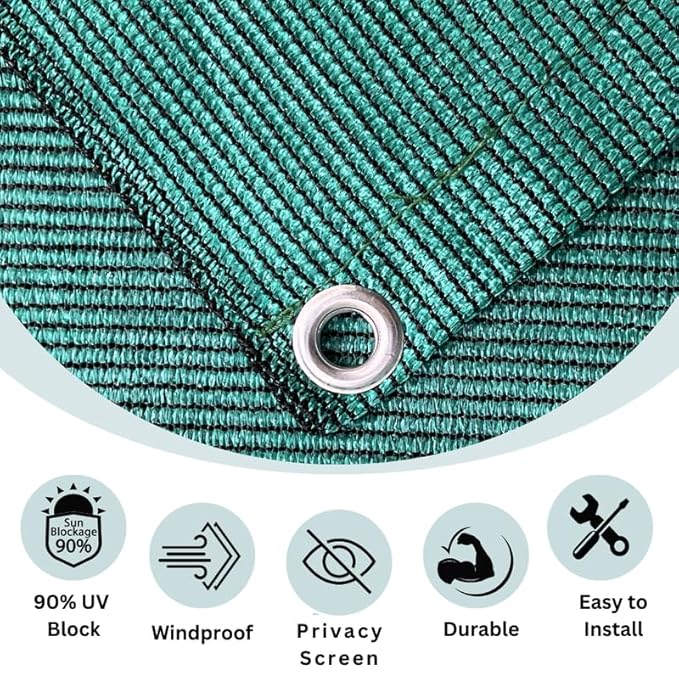 Teal screen with a metal grommet and features of sun block, windproof, privacy screen, durable, and easy to install.