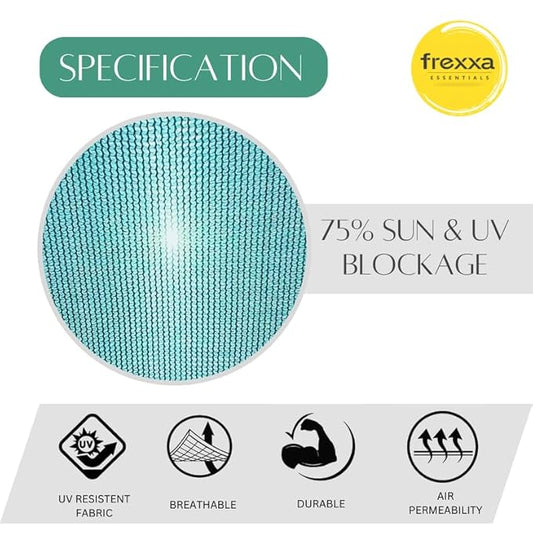 Teal fabric sample with sun and UV blocking information and frexxa brand logo.