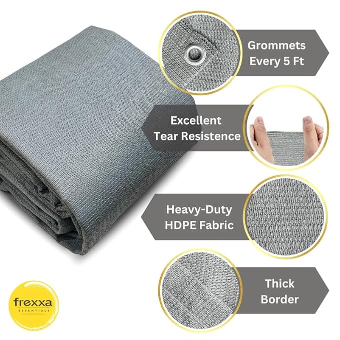 Gray fabric with features highlighted on a white background, including grommets, tear resistance, HDPE fabric, and thick border.