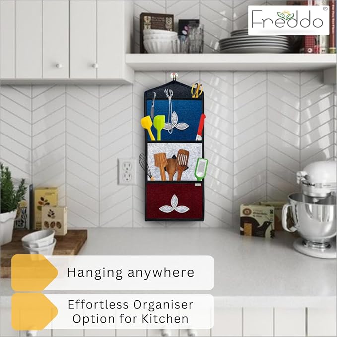Kitchen organizer hanging on a wall with Freddo branding