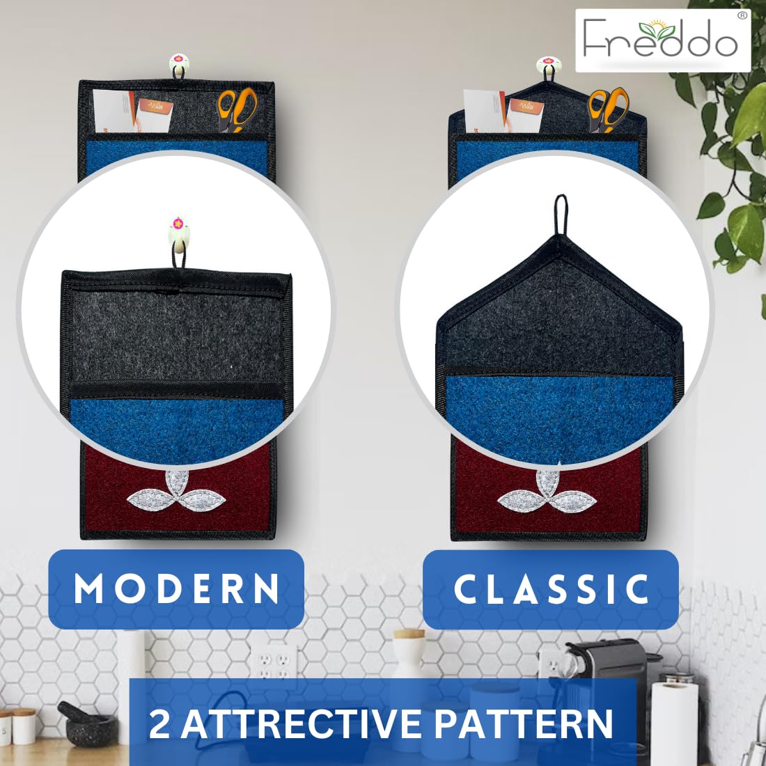 Two wall-mounted pouches, one modern and one classic, with Freddo branding.