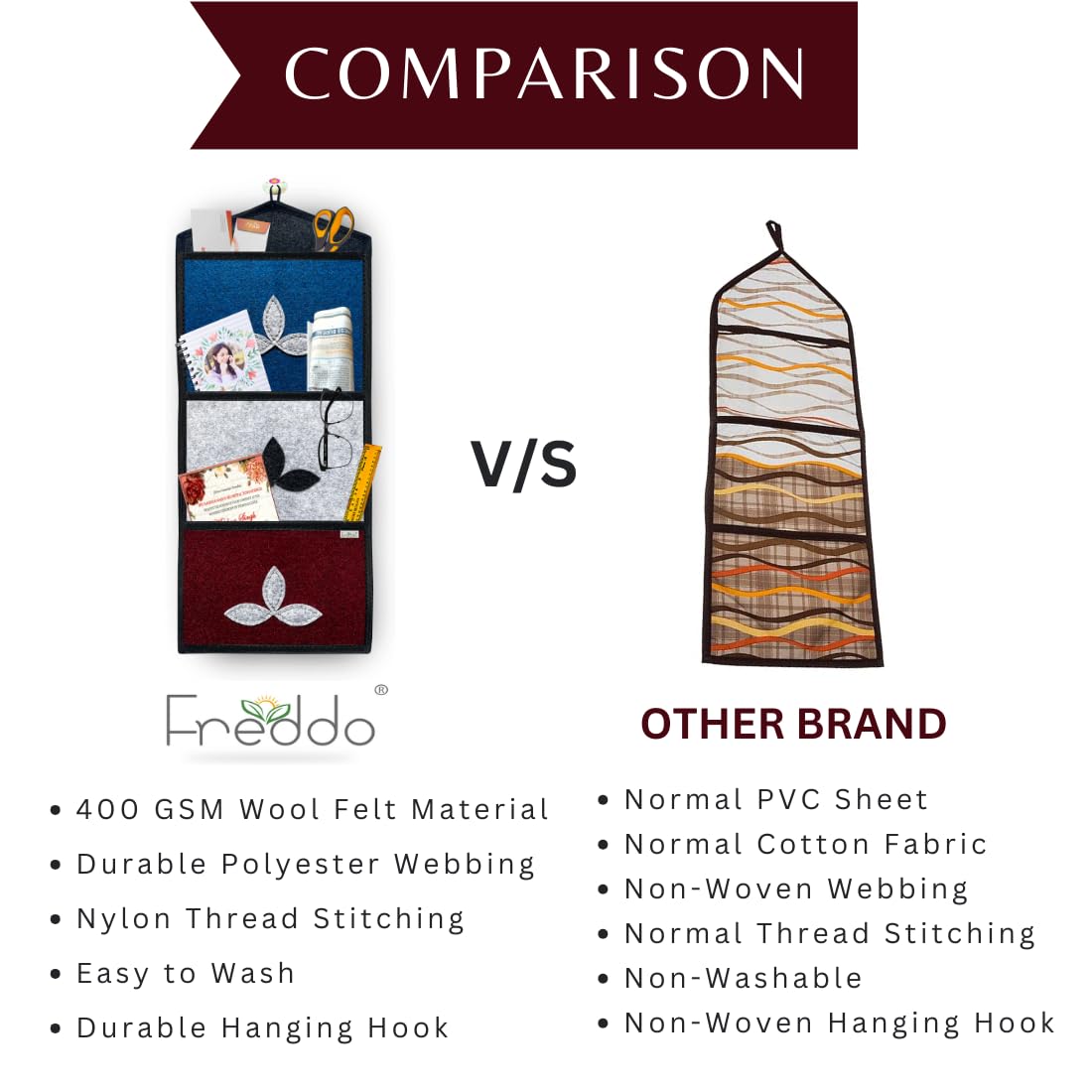Comparison chart between Freddo hanging organizer and other brand products.