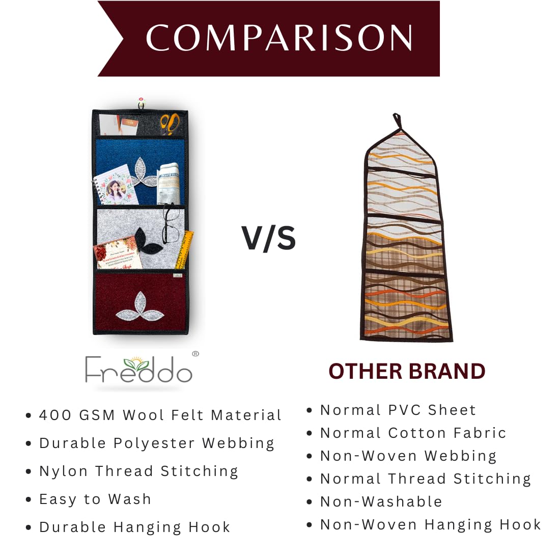 Comparison chart between Freddo hanging organizer and other brand products.